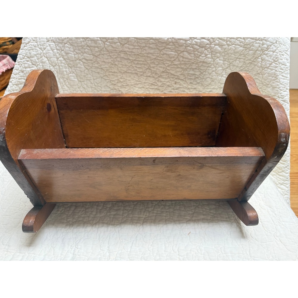Vintage Handmade Wooden Doll Cradle Brown Natural Wood 12in